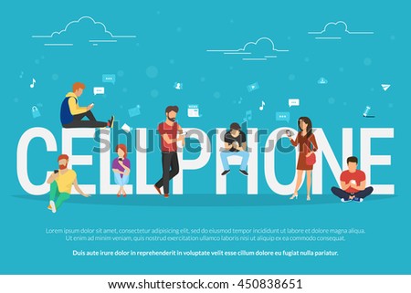 Cellphone concept illustration of young people using smartphones for social networking and websites usage. Flat design of guys and young women standing near big letters with social media symbols - stock vector Cellphone concept illustration of young people using smartphones for social networking and websites usage. Flat design of guys and young women standing near big letters with social media symbols - stock vector