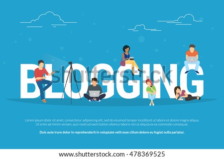 Blogging concept illustration of young people using laptops and tablets for reading blogs and websites. Flat design of guys and young women standing near big letters blogging on blue background Blogging concept illustration of young people using laptops and tablets for reading blogs and websites. Flat design of guys and young women standing near big letters blogging on blue background