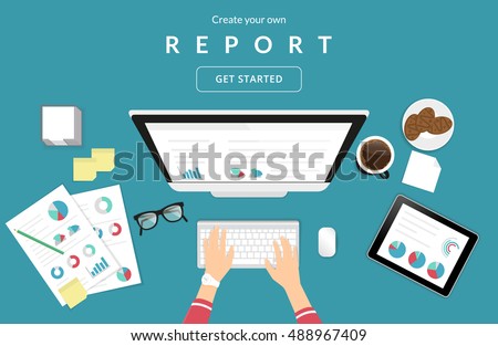 Human hands typing on the computer keyboard financial report using papers with diagrams and tablet pc for analysis and audit. Business illustration of working process on blue background Human hands typing on the computer keyboard financial report using papers with diagrams and tablet pc for analysis and audit. Business illustration of working process on blue background