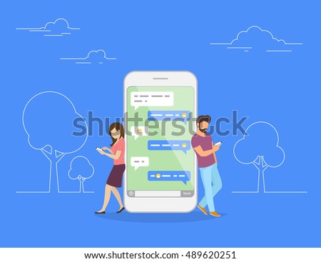 Chat talk concept illustration of young people using mobile smartphone for sending messages to each other. Flat design of guy and woman standing near big smartphone with speech bubbles in chat Chat talk concept illustration of young people using mobile smartphone for sending messages to each other. Flat design of guy and woman standing near big smartphone with speech bubbles in chat