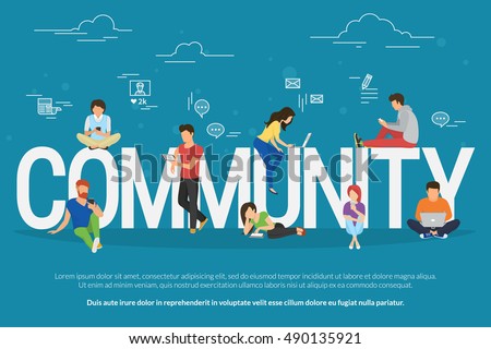 Community concept illustration of young people using mobile gadgets such as smarthone, tablet and laptop to be a part of internet community. Flat design of guys and young women on letters with symbols Community concept illustration of young people using mobile gadgets such as smarthone, tablet and laptop to be a part of internet community. Flat design of guys and young women on letters with symbols