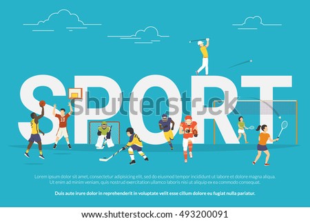 Sport concept illustration of young people playing basketball, hockey, golf and football. Flat design of guys and women participating in competition near big letters Sport concept illustration of young people playing basketball, hockey, golf and football. Flat design of guys and women participating in competition near big letters