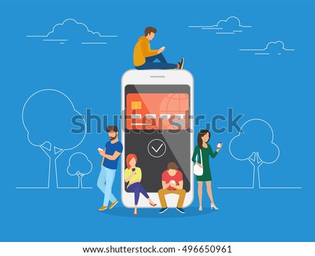 E-wallet concept illustration of young people using mobile smartphone for online purchasing via ewallet. Flat young men and women are standing near big smartphone with the credit card on screen E-wallet concept illustration of young people using mobile smartphone for online purchasing via ewallet. Flat young men and women are standing near big smartphone with the credit card on screen