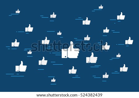 Concept vector illustration of cloud of flying like thumbs up social media symbols. Flat icon design for social networking, webpage banner and blogging on blue background Concept vector illustration of cloud of flying like thumbs up social media symbols. Flat icon design for social networking, webpage banner and blogging on blue background