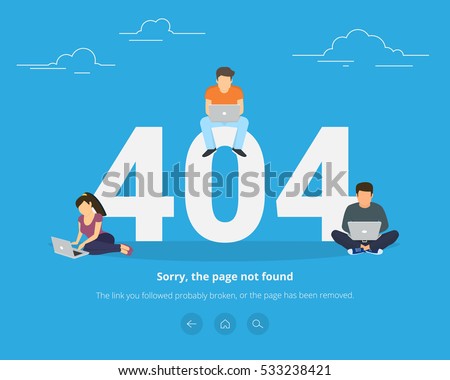404 error page not found concept illustration of people using laptops having problems with website. Flat design of guys and women sitting near big symbol 404 on blue background and working on laptops 404 error page not found concept illustration of people using laptops having problems with website. Flat design of guys and women sitting near big symbol 404 on blue background and working on laptops