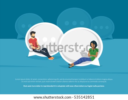 Chat talk concept illustration of young people using laptops for sending messages to each other via internet messenger. Flat guy and woman sitting on the big speech bubbles and typing messages Chat talk concept illustration of young people using laptops for sending messages to each other via internet messenger. Flat guy and woman sitting on the big speech bubbles and typing messages