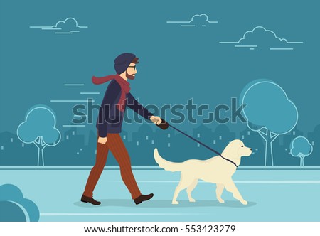 Young man walking outdoors with his dog in the evening. Flat concept illustration of people with pets on the street in blue color Young man walking outdoors with his dog in the evening. Flat concept illustration of people with pets on the street in blue color