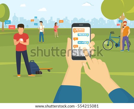 Human hand holds smart phone with messenger app. Flat illustration of people using gadgets walking outdoors in the park. Young people texting messages via messenger using smartphone in the park Human hand holds smart phone with messenger app. Flat illustration of people using gadgets walking outdoors in the park. Young people texting messages via messenger using smartphone in the park