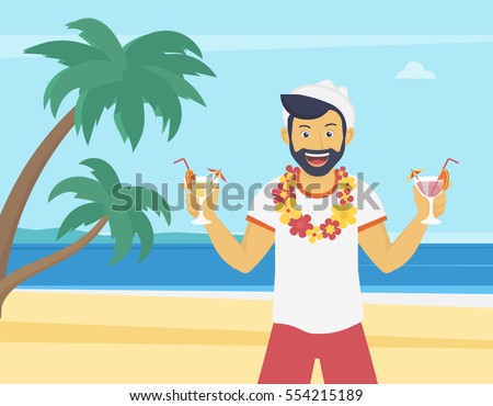 Happy young man enjoying and drinking cocktails on the beach with palm trees. Welcome to the sea beach flat illustration of vacation time spending and relaxing in the seaside Happy young man enjoying and drinking cocktails on the beach with palm trees. Welcome to the sea beach flat illustration of vacation time spending and relaxing in the seaside