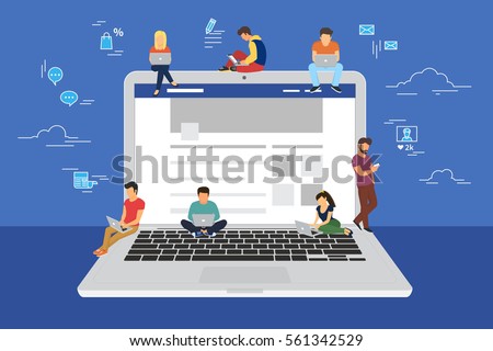Social network web site surfing concept illustration of young people using mobile gadgets such as smarthone, tablet pc and laptop to be a part of online community. Flat guys and women on big notebook Social network web site surfing concept illustration of young people using mobile gadgets such as smarthone, tablet pc and laptop to be a part of online community. Flat guys and women on big notebook