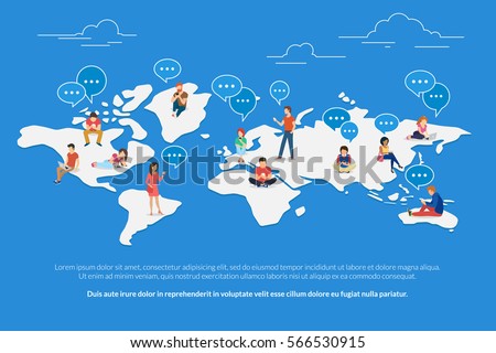 Global worldwide communication concept illustration of young people using mobile smarthone, tablet and laptop for multicultural social networking and texting. Flat guys and young women on world map Global worldwide communication concept illustration of young people using mobile smarthone, tablet and laptop for multicultural social networking and texting. Flat guys and young women on world map