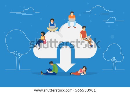 Cloud downloading concept illustration of young people using mobile gadgets such as tablet pc and laptop for downloading app from cloud storage. Flat design of guys and women standing near big symbol Cloud downloading concept illustration of young people using mobile gadgets such as tablet pc and laptop for downloading app from cloud storage. Flat design of guys and women standing near big symbol