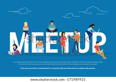 Meetup concept illustration of young people attending the professional workshop and brainstorming for new brand or concept. Flat design of guys and women sitting on the big letters Meetup concept illustration of young people attending the professional workshop and brainstorming for new brand or concept. Flat design of guys and women sitting on the big letters