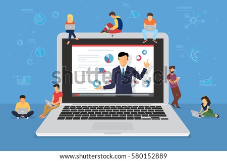 Business seminar speaker presentation and professional training about marketing, sales and e-commerce. Flat concept illustration of young people sitting on big laptop and attending public conference Business seminar speaker presentation and professional training about marketing, sales and e-commerce. Flat concept illustration of young people sitting on big laptop and attending public conference