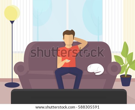 Young man sitting at home on the sofa watching tv and relaxing with cat. Flat illustration of resting at home on couch and spending time watching serials, tv show or sport channels Young man sitting at home on the sofa watching tv and relaxing with cat. Flat illustration of resting at home on couch and spending time watching serials, tv show or sport channels