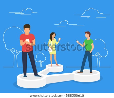 Share data concept illustration of young people using mobile smartphone for sharing posts in social networks. Flat people standing on 3d symbol and reposting images and news to each other Share data concept illustration of young people using mobile smartphone for sharing posts in social networks. Flat people standing on 3d symbol and reposting images and news to each other