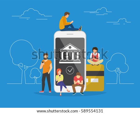 Mobile banking concept illustration of people using app for money transfering, accounting and online banking. Flat men and women standing near big smartphone with credit card and bank icon on screen Mobile banking concept illustration of people using app for money transfering, accounting and online banking. Flat men and women standing near big smartphone with credit card and bank icon on screen