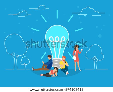 Idea concept vector illustration of young people standing near idea light bulb. Flat creative people using devices such as smartphone and digital tablet. Business header for startup or project Idea concept vector illustration of young people standing near idea light bulb. Flat creative people using devices such as smartphone and digital tablet. Business header for startup or project