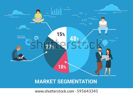 Market segmentation infographic vector illustration of professional people sitting on round diagram with divided segments. Flat people working with laptop to develop business. Blue business background Market segmentation infographic vector illustration of professional people sitting on round diagram with divided segments. Flat people working with laptop to develop business. Blue business background