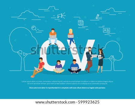 CV concept vector illustration of business people using devices for job searching and hiring. Flat concept design of young men and women fullfilling online and sending cv form using laptop CV concept vector illustration of business people using devices for job searching and hiring. Flat concept design of young men and women fullfilling online and sending cv form using laptop