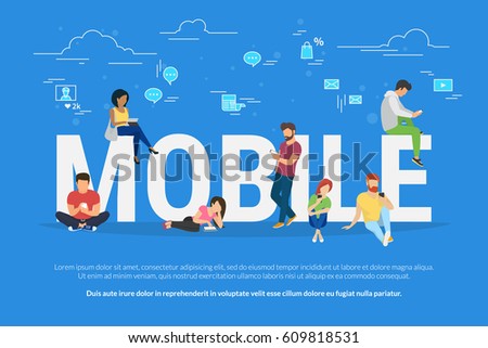 Mobile devices usage concept illustration of young men and women using mobile devices such as smartphone and digital tablet. Flat people addicted to gadgets and typing comment in community and network Mobile devices usage concept illustration of young men and women using mobile devices such as smartphone and digital tablet. Flat people addicted to gadgets and typing comment in community and network