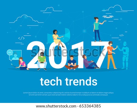 2017 tech trends concept illustration of young people using modern technologies such as virtual reality helmet, gadgets for augmented reality and remote controlled drone. Flat people and future apps 2017 tech trends concept illustration of young people using modern technologies such as virtual reality helmet, gadgets for augmented reality and remote controlled drone. Flat people and future apps