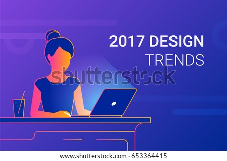 Young woman working with laptop at work desk. Modern gradient line vector illustration of designer or student interesting in 2017 design trends at workdesk. Educational background of people learning Young woman working with laptop at work desk. Modern gradient line vector illustration of designer or student interesting in 2017 design trends at workdesk. Educational background of people learning