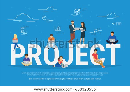 Project teamwork concept illustration of business people using laptops. Manager, designer, programmer and other colleagues working together as team. Flat design for website banner and landing page Project teamwork concept illustration of business people using laptops. Manager, designer, programmer and other colleagues working together as team. Flat design for website banner and landing page