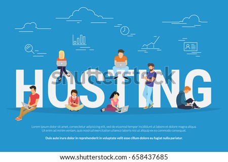Hosting concept vector illustration of young people using laptops for internet and working in web. Flat design for webhost servers and data storage with young users and developers Hosting concept vector illustration of young people using laptops for internet and working in web. Flat design for webhost servers and data storage with young users and developers