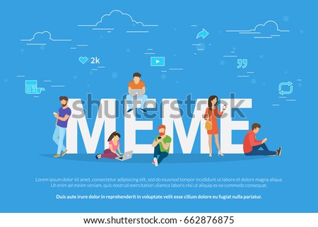 Meme concept vector illustration. Flat design of young people using mobile gadgets such as laptop, tablet pc and smartphone for meme reposting in social network, reading news and publishing new trends Meme concept vector illustration. Flat design of young people using mobile gadgets such as laptop, tablet pc and smartphone for meme reposting in social network, reading news and publishing new trends