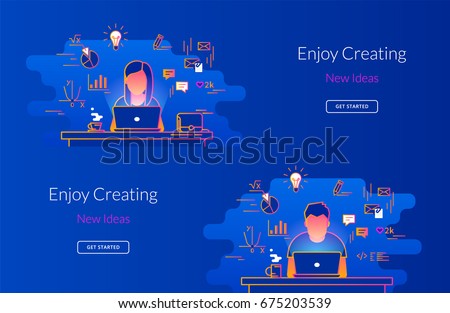 Young woman and man working with laptop at work desk. Gradient line vector illustration of student working process sitting at home. Educational background of young people learning and studying indoor Young woman and man working with laptop at work desk. Gradient line vector illustration of student working process sitting at home. Educational background of young people learning and studying indoor