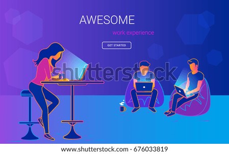 Young woman sitting at the table with laptopn and talking and working with her male friends in the open space office. Gradient line vector illustration of creative people working together Young woman sitting at the table with laptopn and talking and working with her male friends in the open space office. Gradient line vector illustration of creative people working together