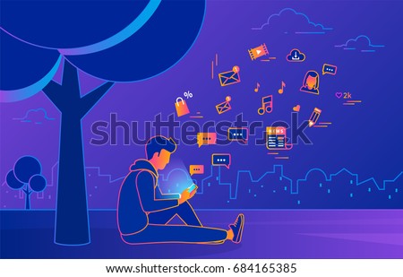 Young man sitting in the park under a tree and texting messages using smartphone. Gradient line vector illustration of social networking, searching news, sending email and texting to friends Young man sitting in the park under a tree and texting messages using smartphone. Gradient line vector illustration of social networking, searching news, sending email and texting to friends