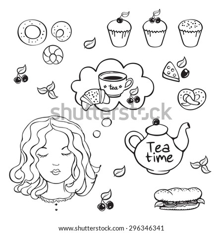 Tea time. Girl with speech bubble with cup of tea and croissant ...