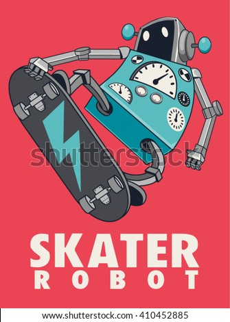vector retro robot on skateboard, skater - stock vector vector retro robot on skateboard, skater - stock vector