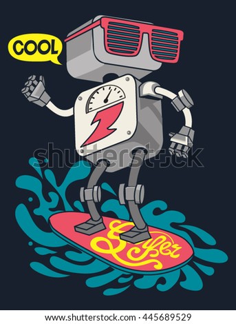 surfer robot vector design for tee - stock vector surfer robot vector design for tee - stock vector