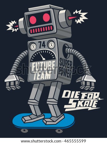 vector retro robot on skateboard, skater vector retro robot on skateboard, skater
