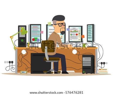 man working on the computer. jobs with multiple monitors. vector illustration. man working on the computer. jobs with multiple monitors. vector illustration.