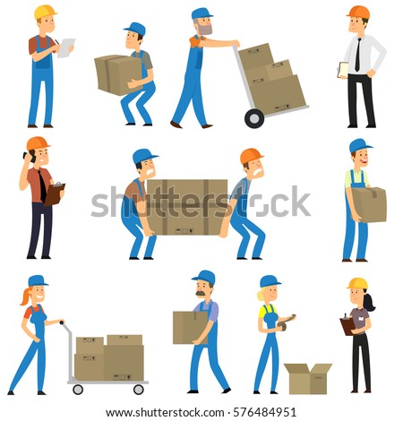Warehouse and delivery workers. Foreman, manager and delivery boy. vector illustration. Warehouse and delivery workers. Foreman, manager and delivery boy. vector illustration.