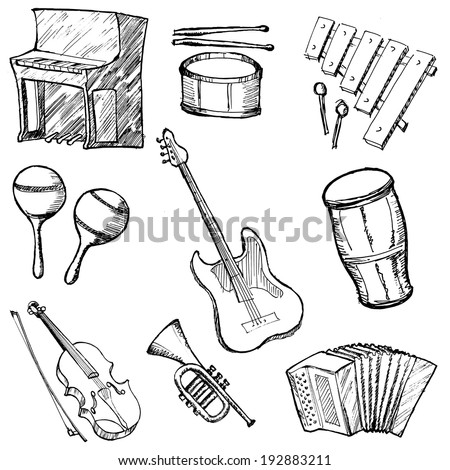 set of sketch illustration of musical instruments - stock vector