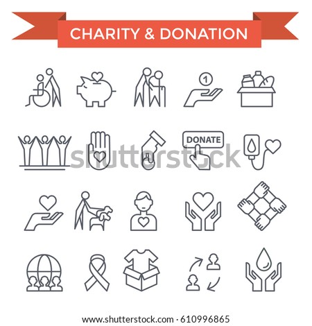 Charity, Donation and volunteer work concept icons, thin line flat design Charity, Donation and volunteer work concept icons, thin line flat design