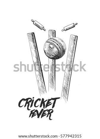 Cricket ball hitting bowling over wicket freehand sketch graphic design, vector illustration Cricket ball hitting bowling over wicket freehand sketch graphic design, vector illustration