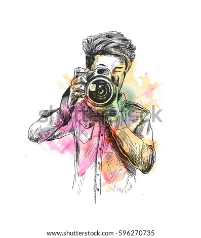 Illustration of Male Photographer With Camera, Hand Drawn Sketch Vector. Illustration of Male Photographer With Camera, Hand Drawn Sketch Vector.