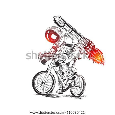 Astronaut futuristic bicycle race with fire rocket, Hand Drawn Sketch Vector illustration. Astronaut futuristic bicycle race with fire rocket, Hand Drawn Sketch Vector illustration.