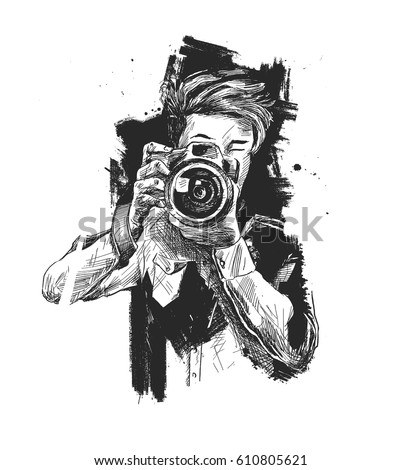 Illustration of Male Photographer With Camera, Hand Drawn Sketch Vector. Illustration of Male Photographer With Camera, Hand Drawn Sketch Vector.