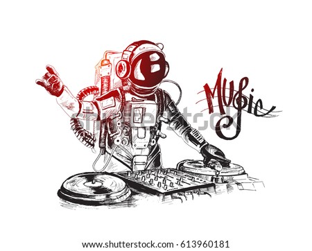 Astronaut DJ with console, Hand Drawn Sketch Vector illustration. Astronaut DJ with console, Hand Drawn Sketch Vector illustration.