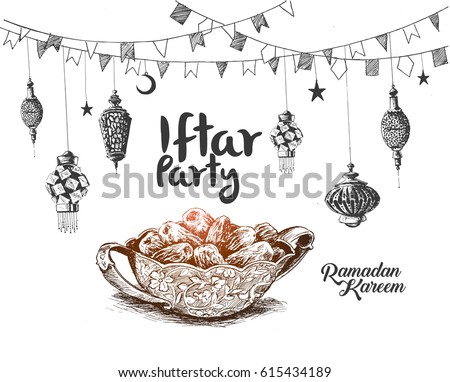 Ramadan Kareem Iftar party celebration, Hand Drawn Sketch Vector illustration. Ramadan Kareem Iftar party celebration, Hand Drawn Sketch Vector illustration.