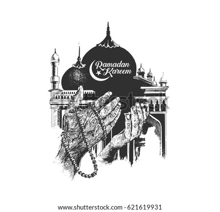 Ramadan Kareem Mosque or Masjid with Praying hands with rosary. vector illustration. Ramadan Kareem Mosque or Masjid with Praying hands with rosary. vector illustration.