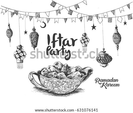 Ramadan Kareem Iftar party celebration, Hand Drawn Sketch Vector illustration. Ramadan Kareem Iftar party celebration, Hand Drawn Sketch Vector illustration.