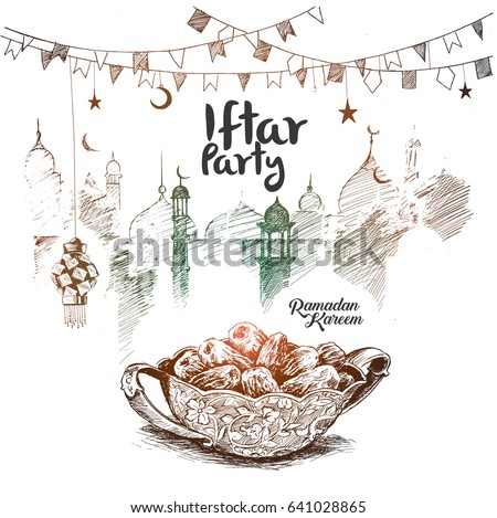 Ramadan Kareem Iftar party celebration, Hand Drawn Sketch Vector illustration. Ramadan Kareem Iftar party celebration, Hand Drawn Sketch Vector illustration.